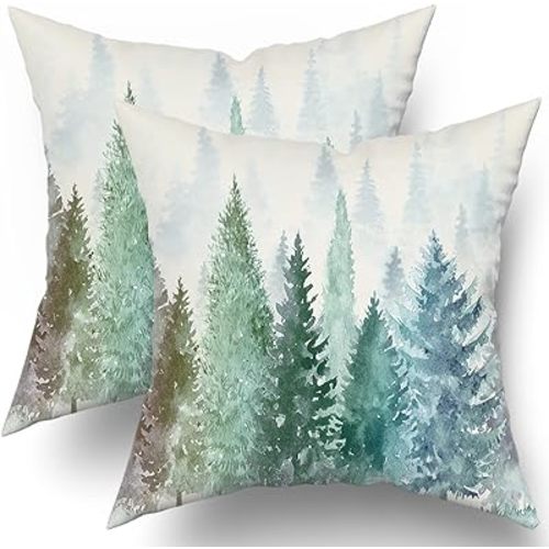 Birch Tree Pillow Covers Decorative Watercolor Mountain Pillow Covers 2 PCS Nature Forest Green Throw Pillow Covers 18x18 Inches Cotton Pillow Protectors with Hidden Zipper for Home Bedroom Decor