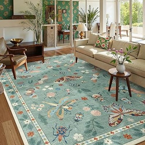 Lahome Insect Washable Area Rugs 5x7, Soft Green Rug for Living Room Bedroom Ultra-Thin Non-Shedding, Modern Stain Resistant Throw Large Carpet for Dining Room Nursery Vionnet(5'x7',Green)
