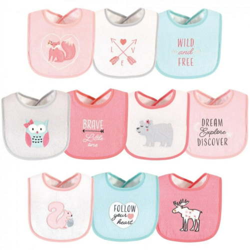 Hudson Baby Infant Girl Cotton Terry Drooler Bibs with Fiber Filling, Girl Woodland, One Size