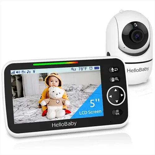 HelloBaby Monitor, 5''Display, Pan-Tilt-Zoom Video Baby Monitor with Camera and Audio, Night Vision, 2-Way Talk, Temperature, 8 Lullabies and 1000ft Range Baby Monitor No WiFi for Elderly