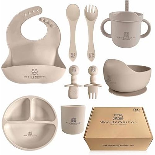 Silicone baby feeding set, 10 pcs baby silicone feeding set, baby plates and bowls set, baby led weaning set, baby plates and utensils set, baby eating set, platos para bebes, Beige.