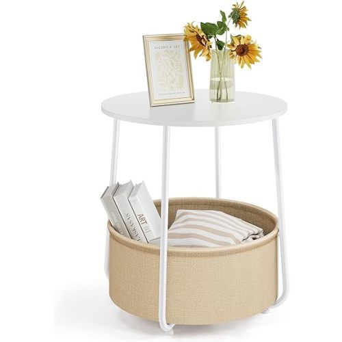 Sweetcrispy Small Round Side End Table, Modern Nightstand Bedside Table with Fabric Basket for Bedroom, Living Room, Side Table with Steel Frame - White & Beige