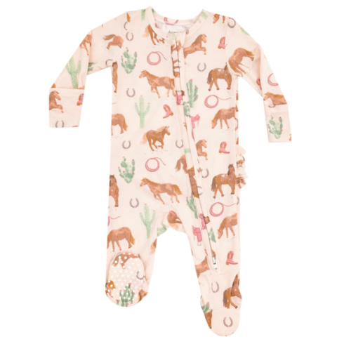 Angel Dear 2 Way Ruffle Back Zipper Footie - Western Horses Pink
