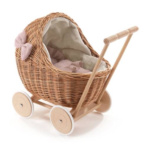 Retro Dolls Pram with NATURAL-PINK linen bedding, Wicker Pram for Dolls, Stroller for Toddler