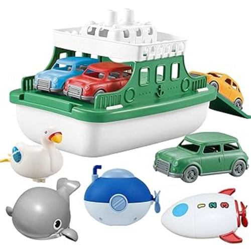OKGIUGN Ferry Boat with 4 Car and 4 Wind Up Bath Swimming Toys, Kids Bath Toy Floating Vehicle Whales Submarines Swans Rockets, Bathtub Bathroom Pool Beach Toy Set for Toddlers Boys Girls