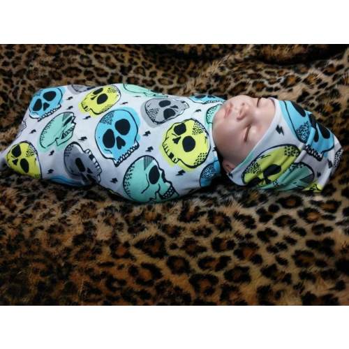Skull Baby Blanket Set, Ocean Tones Swaddle + Hat Band, Candy Skull, Goth Baby Stuff, Newborn Wrap