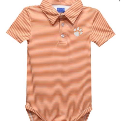 Vive La Fete Clemson Tigers Baby ORANGE Pencil Stripe Polo Romper