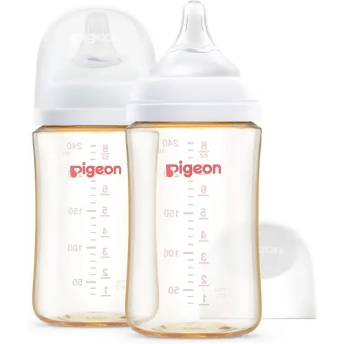 Pigeon PPSU Nursing Baby Bottle Wide Neck, Anti-Colic, Streamlined Body, Natural Feel, Easy to Clean, 8.1 Oz(Pack of 2), Includes 2pcs M Nipples (3m+)