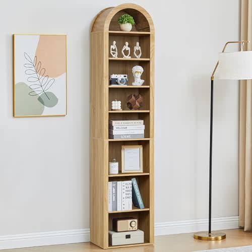 Tall Narrow Arched Bookshelf, 8-Tier Skinny Arch Bookcase for Small Space, Freestanding Storage Organizer with Adjustable Shelves, Open Display Shelves for Living Room, Entryway, Bathroom (Natural)