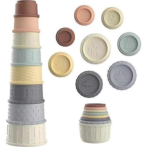 Stacking Cups Activity for Baby | Early Development and Sensory Training | Silicone Soft Teething Toy | Baby Stackable Cups | Bath & Water Table Toys | BPA Free | Age 6+ Months | 8 Count Set