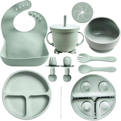 10 Piece Baby Feeding Set | 100% Food Grade Silicone | Non Slip | Suction Bowl and Plate | Self Feeding Utensils | Led Weaning Supplies | Microwave and Dishwasher Safe | 6+ Months