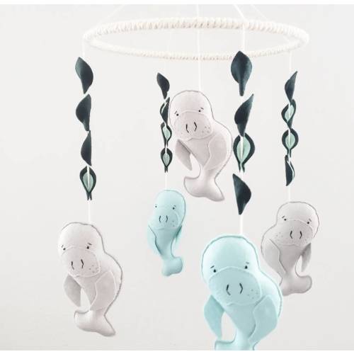 Baby Crib Mobile- Manatee Mobile- nursery mobile-Gray and blue Manatee custom Made Mobile- sea mobile- manatee fabric - manatee decor