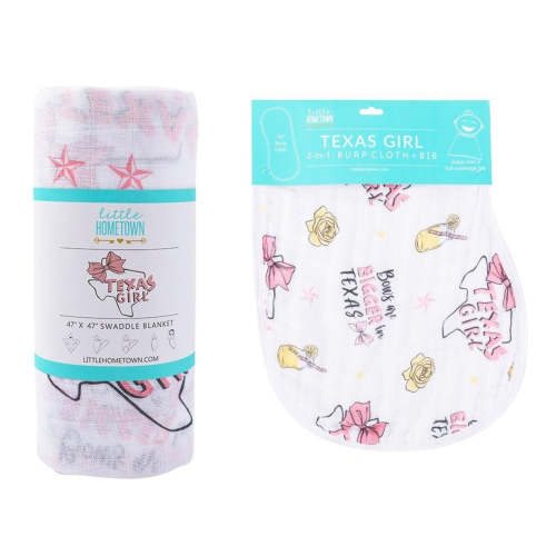 Gift Set: Texas Baby Girl Muslin Swaddle Blanket & Bib – Little Hometown