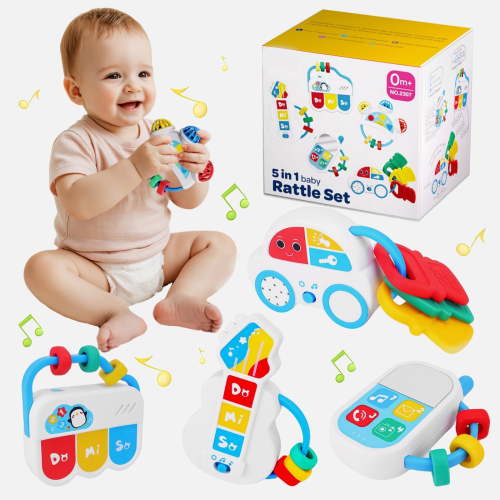 Dimoarch 5 in 1 Baby Toys 6-12 Months, Baby Rattles Teething Toys for Babies 0-6 Months, Sensory Toys with Sounds 6-12 Months, Montessori Baby Gifts