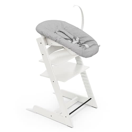 Stokke Tripp Trapp Chair (White) + Tripp Trapp Newborn Set (Grey) - Cozy, Safe & Simple to Use - for Newborns Up to 20 lbs