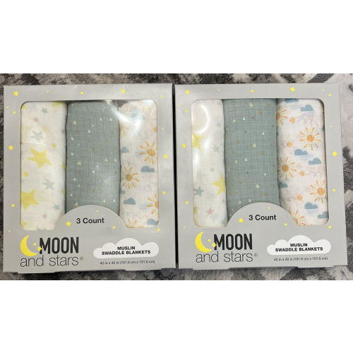Moon Stars Muslin Swaddle Blanket, 3 Count, 100% Cotton, Multicolor 40x40 NEW