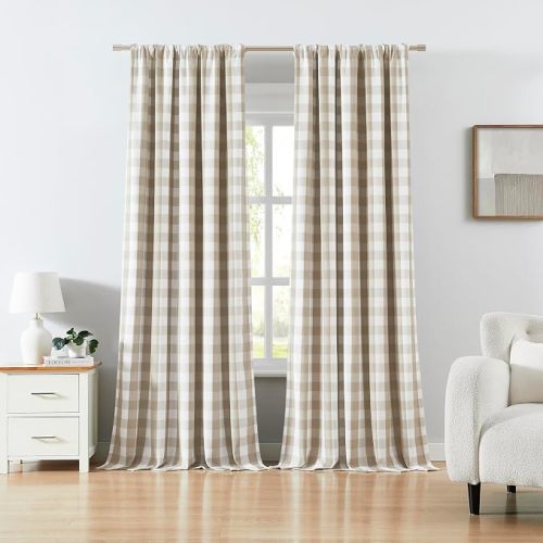 84 Inches Beige White Buffalo Plaid Panels,Thermal Insulated Full Blackout Double-Layer Window Treatment,Farmhouse Living Room Nursery Curtains,Rod Pocket Back Tabs,52" Wx84 Lx2