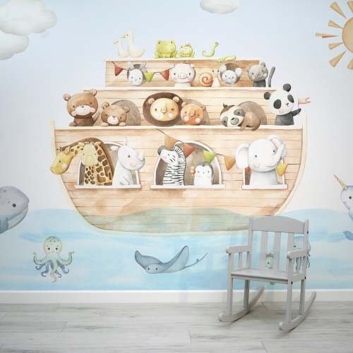 Noah's Journey - Kid's Nursery Watercolour Illustration Of Noah's Ark Wallpaper Mural