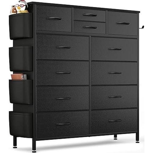 Lulive Dresser for Bedroom with 12 Drawers, Tall Dresser Chest of Drawers with Side Pockets and Hooks, Fabric Dresser Storage Tower for Closet, Hallway, Living Room (Black)