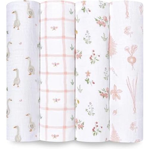 aden + anais Essentials Baby Muslin Swaddle Blankets, Newborn Receiving Blanket for Swaddling, 100% Cotton Baby Swaddle Wrap, 4 Pack, Country Floral