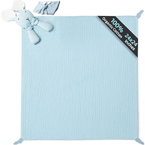 Stuffed Bunny Lovey - Baby Muslin Security Blanket - Soft Comfort Blanket for Newborn Boys & Girls 24 x 24 inches