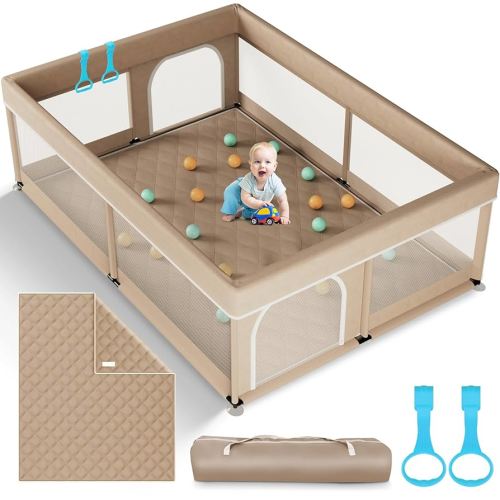Omzer Baby Playpen with Mat 71"×59" - Extra Large Playpen for Babies and Toddlers with Mat Included, Safety Playard for Baby with Gate, All-Wrapped Soft Sponge Baby Gate Playpen with Stable Mat Velcro