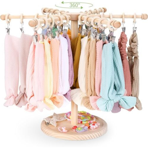 POVETIRE Headband Holder Bow Organizer for Girls,360 Rotating Hair accessories Organizer Storage Baby Headband Display Stand Hair Bow Rack forToddler Nursery Decor - Burlywood