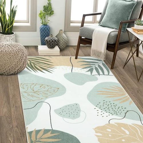 Seavish Boho Area Rugs for Bedroom Aesthetic 3x5 Green Abstract Rugs for Living Room Soft Botanical Print Kids Nursery Playroom Rug Mid Century Modern Leaf Rug for Entryway Office Classroom Dorm - 3' x 5'