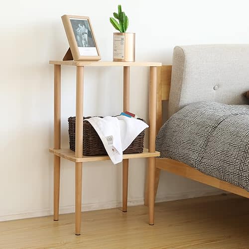 Solid Wood Side Table, 2-Tier Narrow End Table with Storage Shelves for Small Places, Tall Nightstand Bedside Table for Living Room Bedroom Office, No-Tool Assembly.