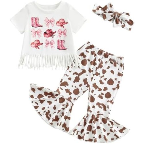Kayotuas Toddler Baby Girl Bell Bottom Outfits Cowgirl Boots Bow Short Sleeve T-Shirt and Flare Pants Infant Western Clothes