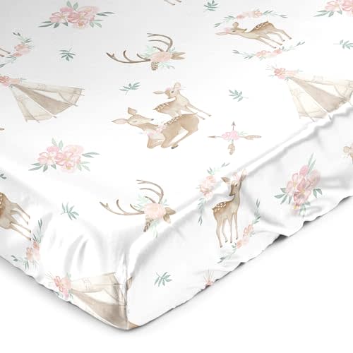 Sweet Jojo Designs Woodland Deer Floral Girl Baby Satin Fitted Crib Sheet Infant Newborn Nursery Toddler Bed Room Standard Mattress Blush Pink Green Boho Watercolor Bohemian Forest Animal Shabby Chic