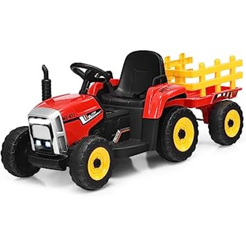 Costzon Ride on Tractor with Detachable Trailer, 12V Kids' Electric Vehicles w/3-Gear-Shift Ground Loader, Wireless Design & USB, 7 LED Headlights, Remote Control Tractor Toys for Kids 3+ (Red)