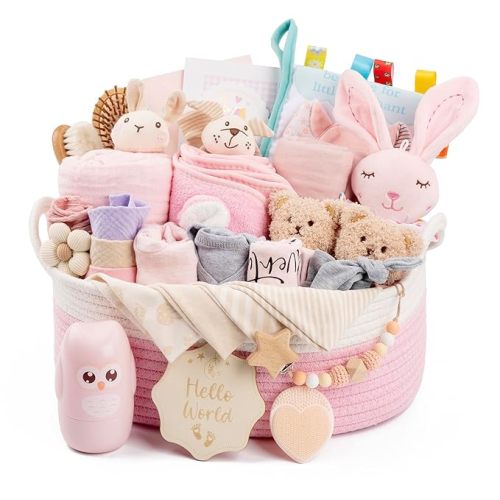 30 Piece Baby Gift Basket – Luxury Curated Baby Girl Gift Basket for Newborn, Premium All-in-One Baby Shower Gift Set, Essentials with Keepsakes for First Visit(Pink)