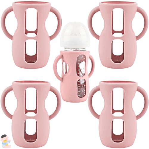 4 Pack Silicone Sleeves for Avent Natural Glass Baby Bottles, Silicone and Easy-Grip Handles for Drop Protection, Compatible with Philips Avent 4/8 OZ Glass Bottle (Cute Pink, 8 OZ)