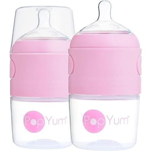 PopYum 5 oz Pink Anti-Colic Formula Making/Mixing/Dispenser Baby Bottles, 2-Pack with #1 Slow Flow Nipples, 150 ml, BPA-Free, Natural Latch