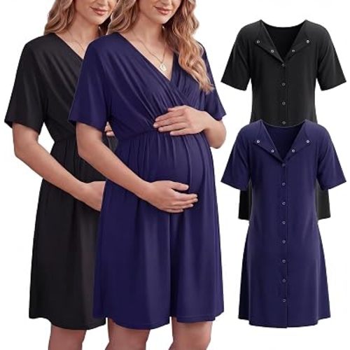 Cutecrop 2 Pack Labor and Delivery Gown for Hospital Maternity Nursing Short Sleeve Gown Button Back Birth Recovery Sleepwear
