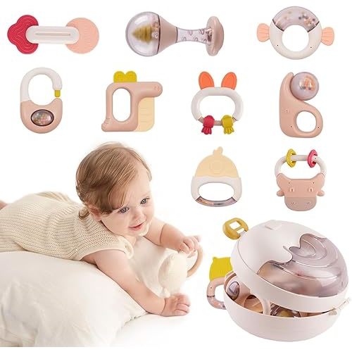 10PCS Baby Teether Toys,Baby Rattles Set,Baby Chew Toy for 0-9 Months,Baby Shower toy with Storage Box,Easy To Hold & Clean,Gift Set for Newborn Boy Girl Infant,Christmas Stocking Stuffers Gifts