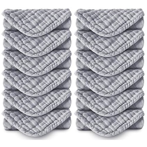Spotted Play Muslin Burp Cloths 100% Cotton Large 20''x10'' Extra Soft and Absorbent Baby Wash Cloths Spit Up Rags - Baby Burping Cloth for Boys Girls Items(12 Pack Grey)