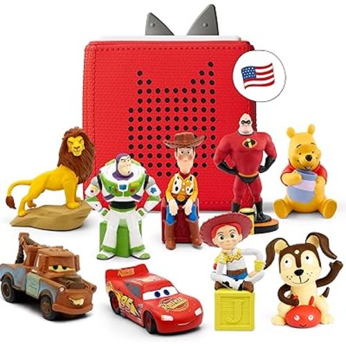Tonies Toniebox Audio Player 9 Character Disney Bundle with Woody, Buzz Lightyear, Jessie, Lightning McQueen, Mater, Simba, Winnie-The-Pooh, Mr. Incredible + Playtime Puppy - Red