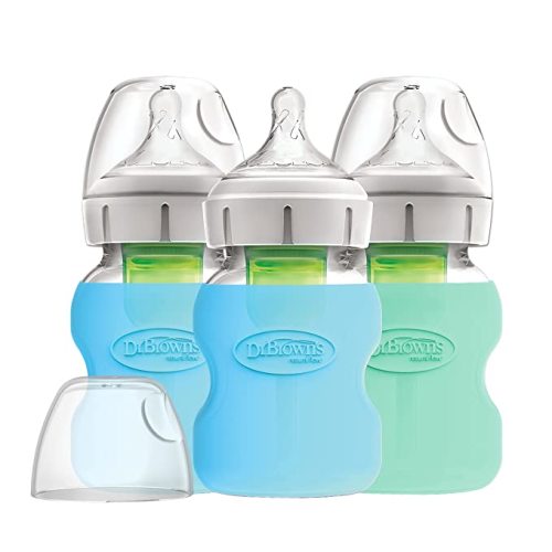 Dr. Brown’s Natural Flow Anti-Colic Options+ Wide-Neck Glass Baby Bottles 5 oz/150 mL, with Level 1 Slow Flow Nipple, 3 Pack with Blue & Mint 100% Silicone Sleeves, 0m+