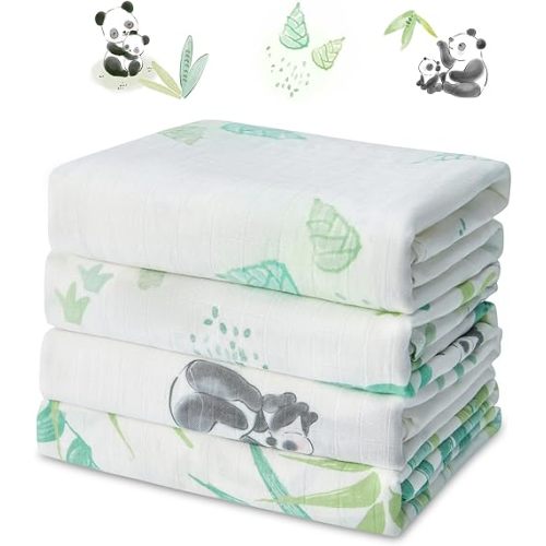 Muslin Swaddle Blankets for Newborn, 4-Pack Breathable Receiving Baby Blanket, Large 47 x 47 Inches Swaddling Wrap for Boys and Girls (Whimsical Pandas)