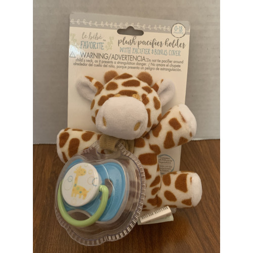 Le Bebe GIRAFFE Plush Pacifier + Holder Green &amp; Blue Pacifier Binky Soother NEW