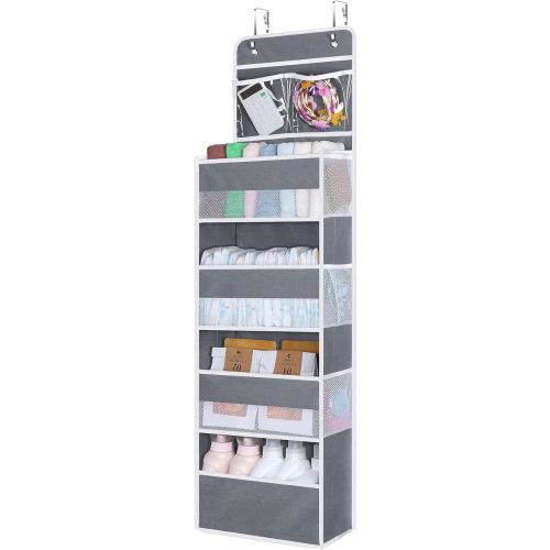Univivi Over The Door Organizer, 5 Shelf Door Hanging Organizer Nursery Door Storage with 4 Large Compartments and 2 Small PVC Pockets 6 Side Pockets for Bathroom,Cosmetics and Nursery Baby Essential