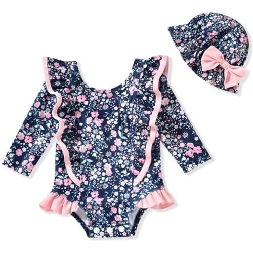 HINTINA Baby Girl One Piece Long Sleeve Ruffle Swimsuit with Hat