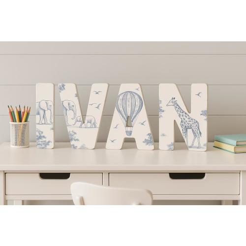 Elephant Nursey Name Sign for Kids, Blue Chinoiserie Toile de Jouy Sign for Kids, Elephant Name Sign