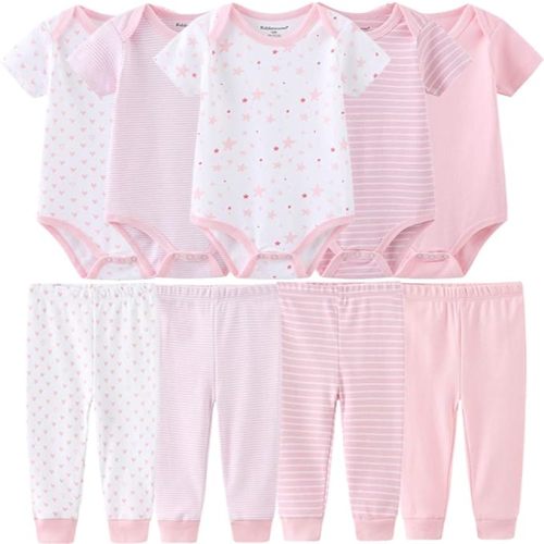Kiddiezoom Baby Layette Set Baby Boys' 9-Piece Bodysuits Pants Set Toddler Girl Boy Unisex Baby Gift Sets - 3-6 Months - Cute Pink Set