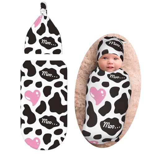 Cow Print Baby Stuff Newborn Swaddle Blankets Pink Heart Baby Wrap Blanket Soft Stretchy Sleep Sack with Beanie Hat Sets Gifts for Infant Boy Girl