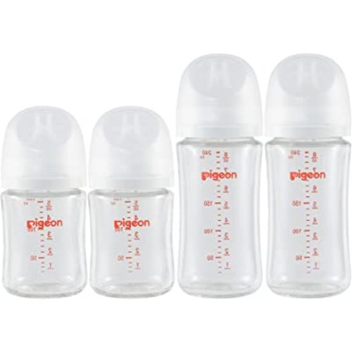 Pigeon Glass Nursing Baby Bottle Wide Neck(Pack of 4), Streamlined Body, Natural Feel, Easy to Clean, Heat-Resistant, 5.4Oz and 8.1 Oz