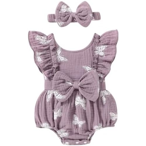 YOUNGER TREE Newborn Baby Girl Clothes Ruffle Sleeve Rompers Infant Backless Floral Jumpsuit Summer Outfits with Headband