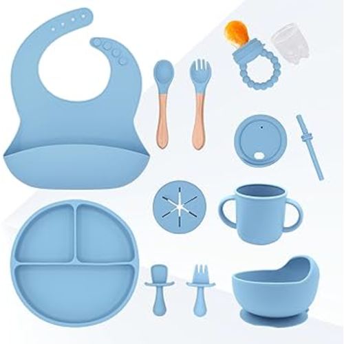 Baby Feeding Set, 13PCS Silicone Baby Self Feeding Set, Toddler Led Weaning Utensils Set with Suction Bowl and Plate, 2 Set of Baby Spoon and Fork, Adjustable Bid, Sippy Cup with Straw and 2 Lids